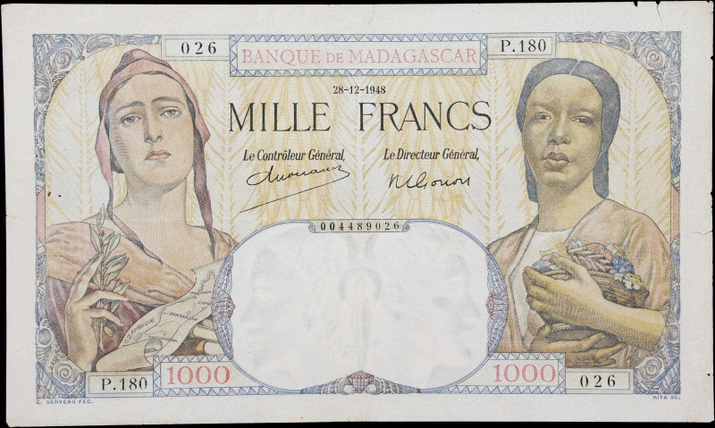 MADAGASCAR. Banque de Madagascar. 1000 Francs, 1948. P-41. PMG Very Fine.
Margi...