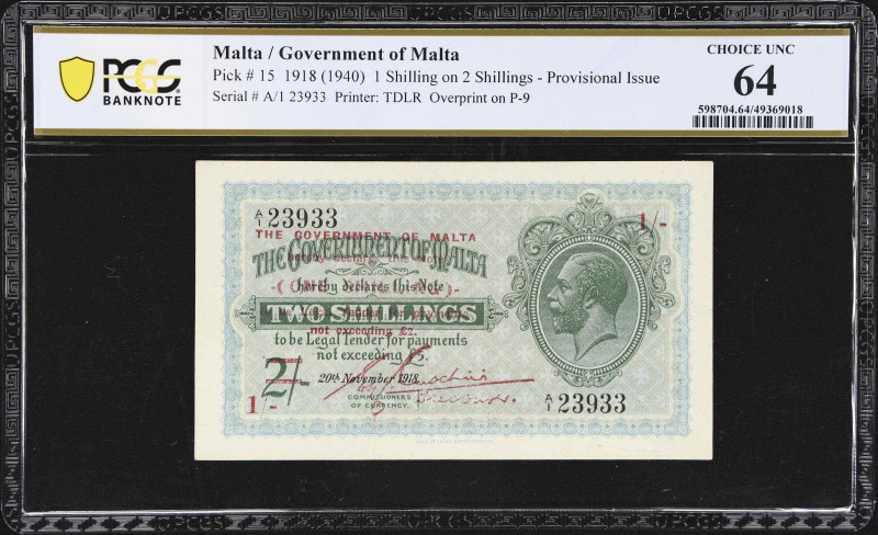 MALTA. Government of Malta. 1 Shilling on 2 Shillings, 1918. P-15. PCGS Banknote...