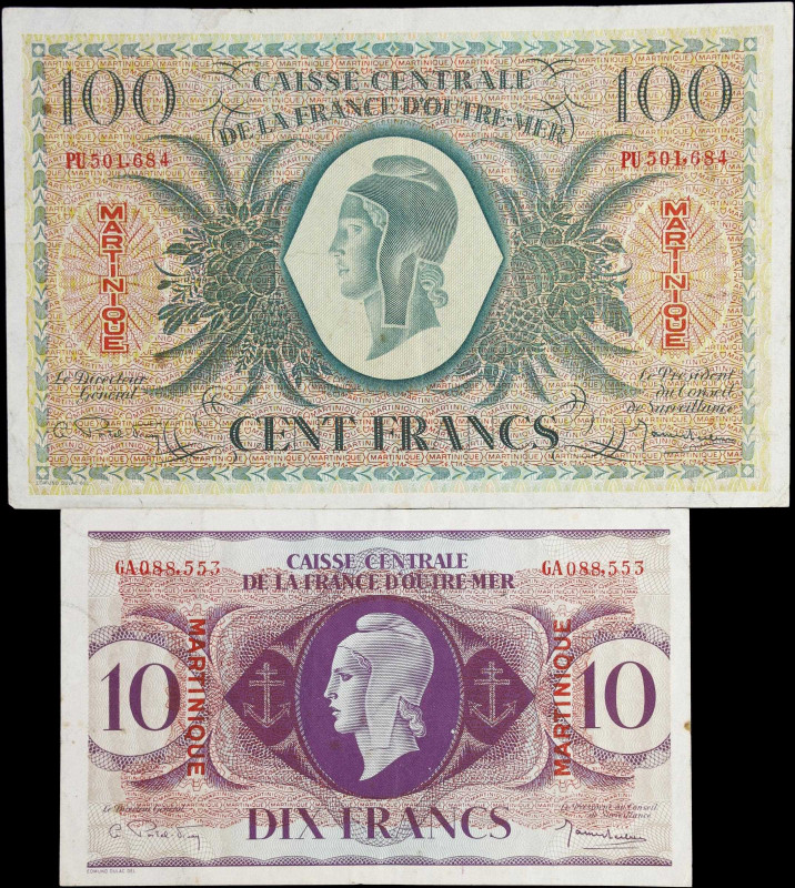 MARTINIQUE. Lot of (2). Caisse Centrale de la France d'Outre-Mer. 10 & 100 Franc...