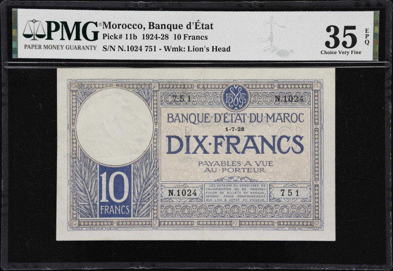 MOROCCO. Banque d'Etat du Maroc. 10 Francs, 1928. P-11b. PMG Choice Very Fine 35...