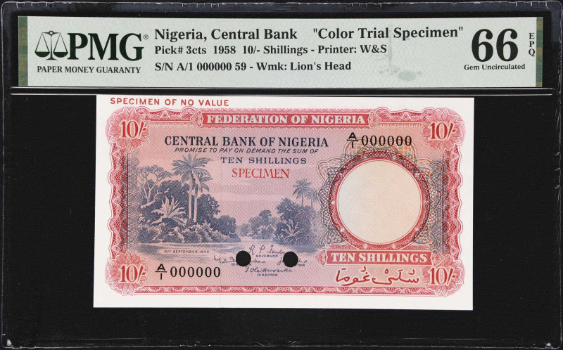 NIGERIA. Central Bank of Nigeria. 10 Shillings, 1958. P-3cts. Color Trial Specim...