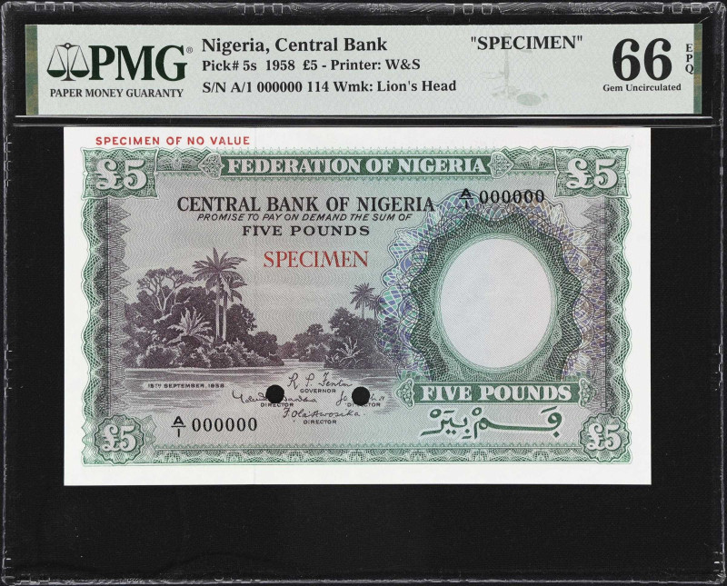 NIGERIA. Central Bank of Nigeria. 5 Pounds, 1958. P-5s. Specimen. PMG Gem Uncirc...