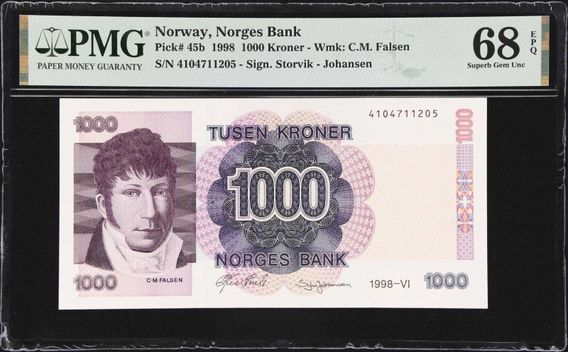 NORWAY. Norges Bank. 1000 Kroner, 1998. P-45b. PMG Superb Gem Uncirculated 68 EP...