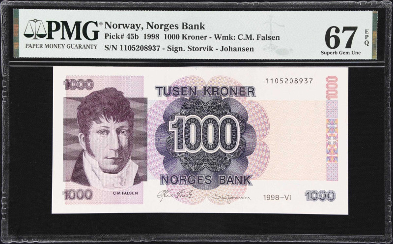 NORWAY. Norges Bank. 1000 Kroner, 1998. P-45b. PMG Superb Gem Uncirculated 67 EP...