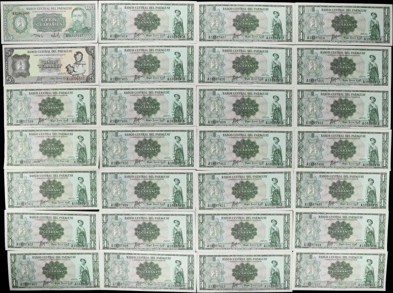 PARAGUAY. Lot of (104). Banco Central del Paraguay. 1, 5, & 100 Guaranies, 1952....