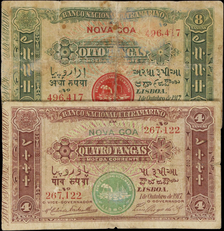 PORTUGUESE INDIA. Lot of (2). Banco Nacional Ultramarino. 4 & 8 Tangas, 1917. P-...