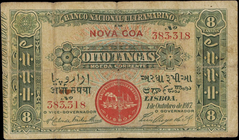 PORTUGUESE INDIA. Banco Nacional Ultramarino. 8 Tangas, 1917. P-20. Fine.
Rare....