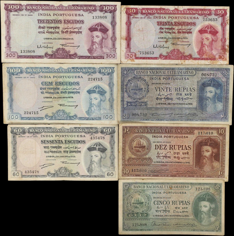 PORTUGUESE INDIA. Lot of (7). Banco Nacional Ultramarino. Mixed Denominations, 1...