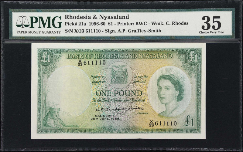 RHODESIA & NYASALAND. Bank of Rhodesia and Nyasaland. 1 Pound, 1958. P-21a. PMG ...