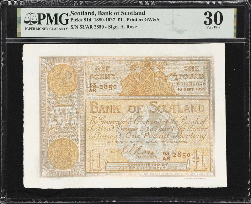 SCOTLAND. Bank of Scotland. 1 Pound, 1925. P-81d. PMG Very Fine 30.

Estimate:...