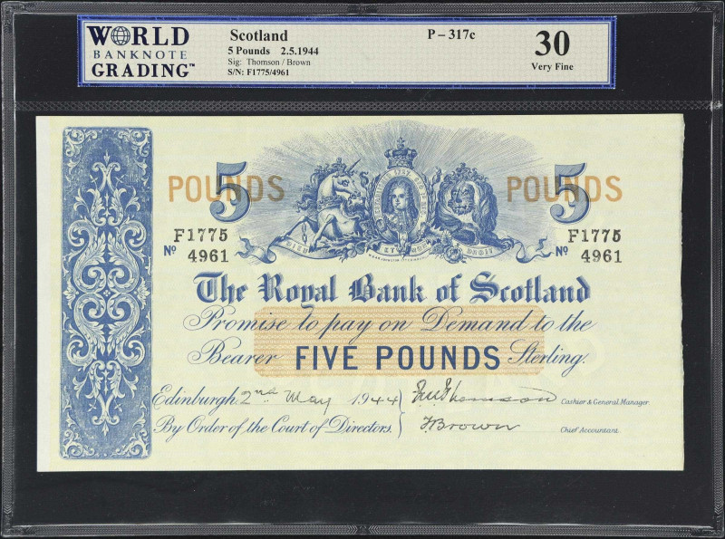 SCOTLAND. Lot of (2). Royal Bank of Scotland. 5 Pounds, 1944-55. P-317c & 323c. ...