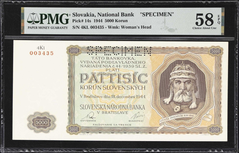 SLOVAKIA. Slovenska Narodna Banka. 5000 Korun, 1944. P-14s. Specimen. PMG Choice...