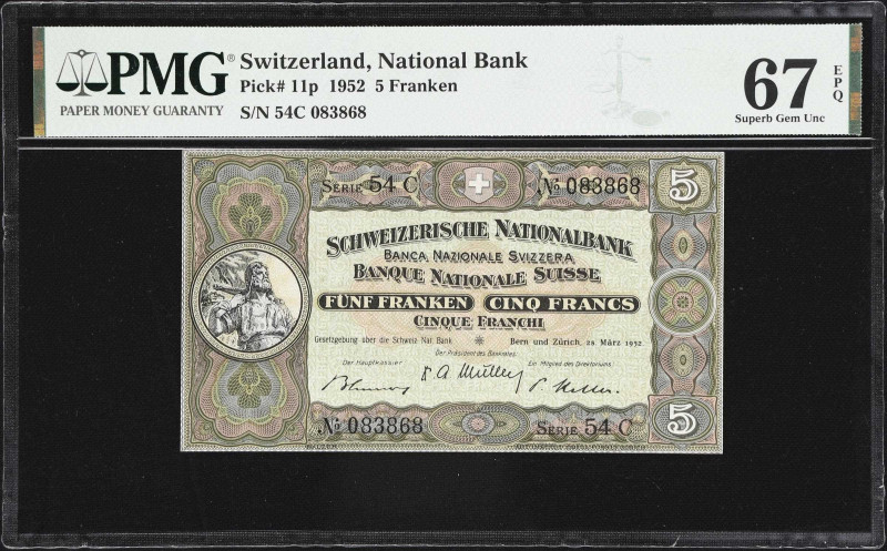 SWITZERLAND. Schweizerische Nationalbank. 5 Franken, 1952. P-11p. PMG Superb Gem...