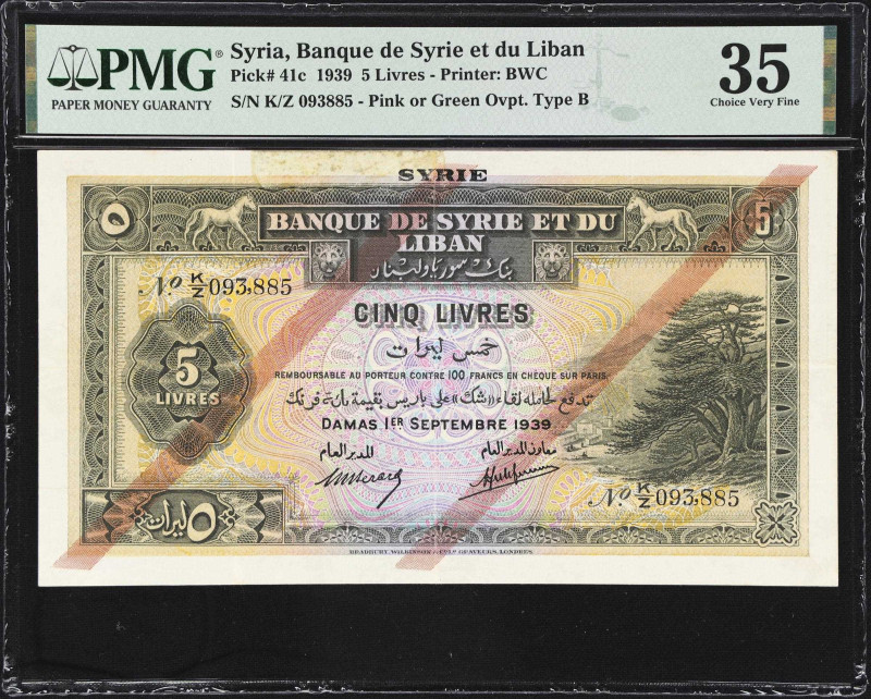 SYRIA. Banque de Syrie et du Liban. 5 Livres, 1939. P-41c. PMG Choice Very Fine ...