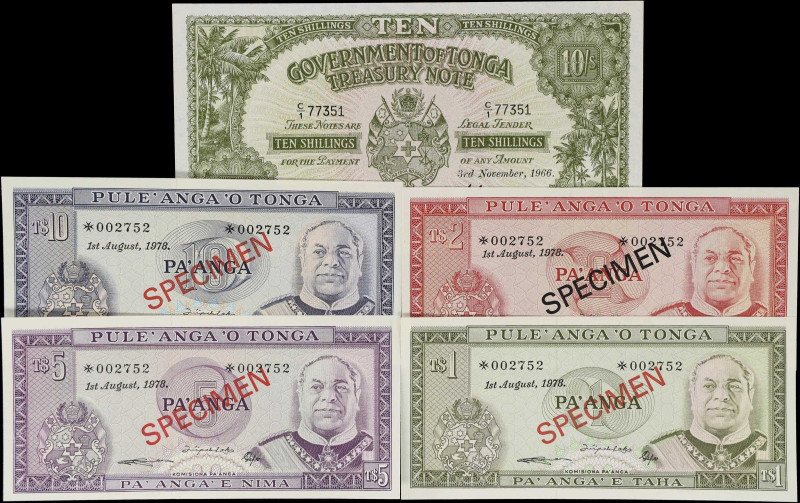 TONGA. Lot of (5). Government of Tonga. 10 Shillings, 1, 2, 5, & 10 Pa'anga, 196...