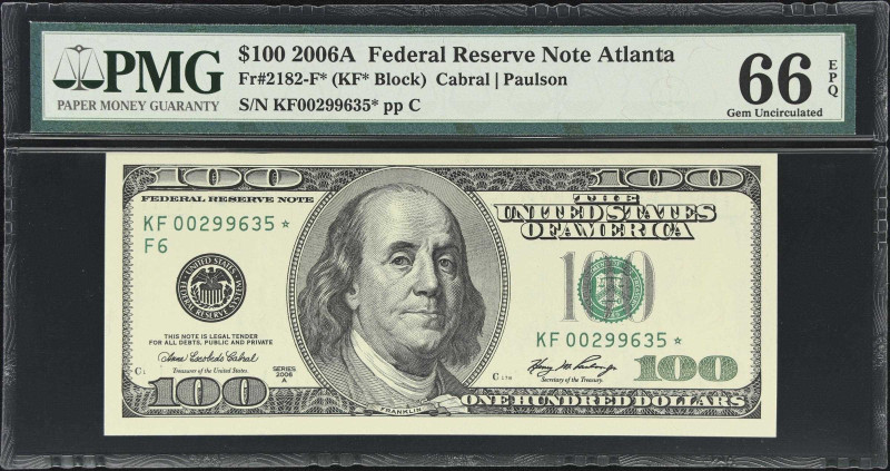 UNITED STATES. Lot of (5). Fr. 2182-F*. 2006A 100 Dollar Federal Reserve Note. A...