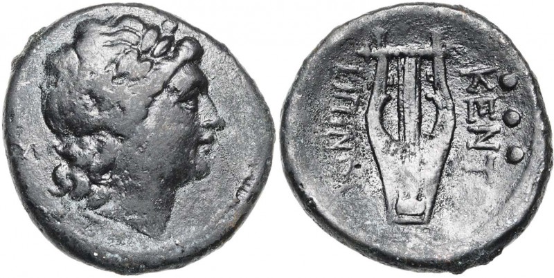 SICILE, KENTURIPAI, AE hémilitre, 3e s. av. J.-C. D/ T. l. d''Apollon à d. R/ KE...