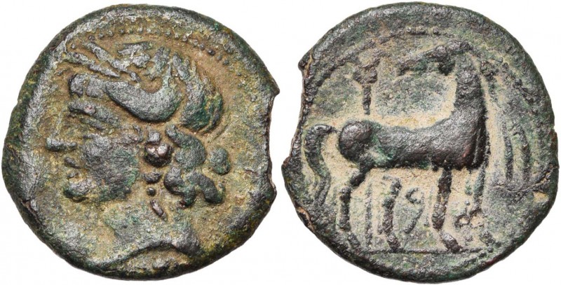 ZEUGITANE, CARTHAGE, AE bronze, 221-210 av. J.-C. D/ T. de Tanit à g. Sous le co...