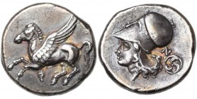 CORINTHE, AR statère, 386-307 av. J.-C. D/ Pégase en vol à g. Dessous, . R/ T. casquée d''Athéna à g. Derrière la t., et triskèle de croissants dans...