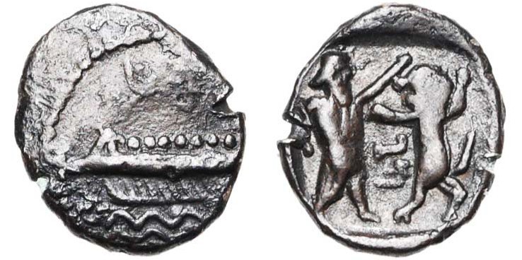 PHENICIE, SIDON, Mazaios (343-333), 1/16 sheqel. D/ Galère à g. Sept boucliers v...