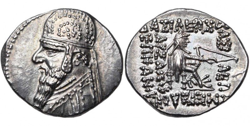 ROYAUME PARTHE, Mithradates II (123-88), AR drachme, Ecbatane. D/ B. à g., avec ...