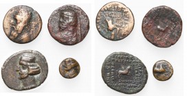 ROYAUME PARTHE, lot de 4 bronzes: Mithradates II, dichalque, R/ Pégase; Orodes Ier, tétrachalque, R/ Cheval; Mithradates III, tétrachalque, R/ Pégase;...