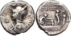 P. Licinius Nerva, AR denier, 113 ou 112 av. J.-C., Rome. D/ B. casqué de Roma à g., ten. un bouclier et une lance. Au-dessus, croissant. A g., étoile...
