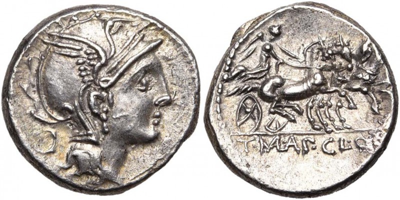 T. Manlius Mancinus, Ap. Claudius Pulcher et Q. Urbinius, AR denier, 111-110 av....