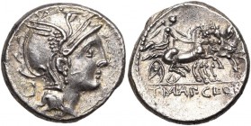 T. Manlius Mancinus, Ap. Claudius Pulcher et Q. Urbinius, AR denier, 111-110 av. J.-C., Rome. D/ T. casquée de Roma à d. Derrière, symbole quadrangula...