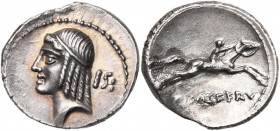 C. Piso Frugi, AR denier, 67 av. J.-C., Rome. D/ T. d''Apollon à g., les cheveux tenus par un bandeau. Derrière la tête, IS:. R/ Cavalier au galop à d...