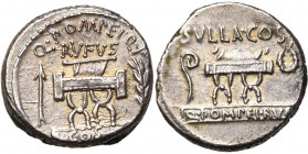 Q. Pompeius Rufus, AR denier, 54 av. J.-C., Rome. D/ Q·POMPEI·Q·F/ RVFVS Chaise curule. A g., flèche. A d., rameau d''olivier. En dessous, sur une tab...
