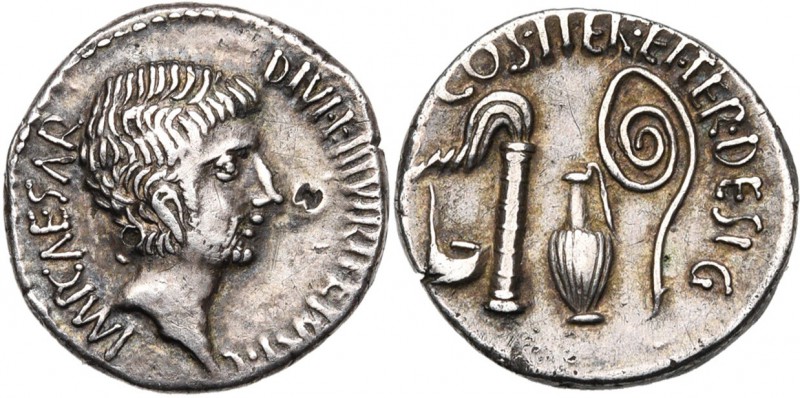 Octavien, AR denier, 37 av. J.-C., atelier itinérant. D/ IMP· CAESAR- DIVI·F· II...