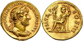 HADRIEN (117-138), AV aureus, 119-138, Rome. D/ IMP CAESAR TRAIAN HADRIANVS AVG B. l., dr., cuir. à d. R/ P M TR P COS III Roma assise à g. sur une cu...