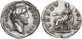 ANTONIN le Pieux (138-161), AR denier, 140-144, Rome. D/ ANTONINVS AVG PIVS PP T. l. à d. R/ TR POT COS III Clementia assise à g. sur un siège sans do...