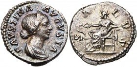 FAUSTINE la Jeune (†175), femme de Marc Aurèle, AR denier, 161-176, Rome. D/ FAVSTINA- AVGVSTA B. diad., dr. à d. R/ SALVS Salus assise à g., nourriss...