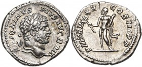 CARACALLA Auguste (198-217), AR denier, 212, Rome. D/ ANTONINVS PIVS- AVG BRIT T. l. à d. R/ P M TR P XV COS III P P Hercule deb. à g., ten. un rameau...