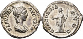 PLAUTILLA, femme de Caracalla, AR denier, 202-205, Rome. D/ PLAVTILLA- AVGVSTA B. dr. à d. R/ CONCORDIA- AVGG Concordia deb. de f., t. à g., ten. une ...