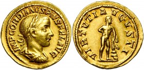 GORDIEN III Auguste (238-244), AV aureus, 241-243, Rome. D/ IMP GORDIANVS PIVS FEL AVG B. l., dr., cuir. à d. R/ VIRTVTI AVGVSTI Hercule deb. à d., la...
