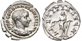 GORDIEN III Auguste (238-244), AR denier, 241-243, Rome. D/ IMP GORDIANVS PIVS FEL AVG B. l., dr., cuir. à d. R/ LAETITIA AVG N Laetitia deb. à g., te...