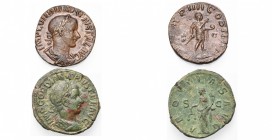 GORDIEN III Auguste (238-244), lot de 2 sesterces: R/ Aequitas, PM TR P IIII L''empereur en habit militaire. RIC 286a, 306a.
Très Beau à Superbe