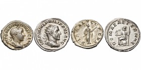 lot de 2 p. frappées à Rome: Gordien III, denier, 241, R/ Diana Lucifera (TB); Philippe Ier, antoninien, 244-247, R/ Roma (SUP).