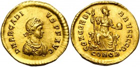 ARCADIUS (383-408), AV solidus, 383, Constantinople. D/ DN ARCADI-VS PF AVG Petit b. diad., dr., cuir. à d. Diadème à rosettes. R/ CONCORDI-A AVGGGGΘ/...