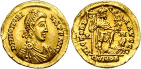 HONORIUS (393-423), AV solidus, 404 et 407-408, Rome. D/ DN HONORI-VS PF AVG B. diad., dr., cuir. à d. R/ VICTORI-A AVGGG/ R-M/ COMOB L''empereur deb....