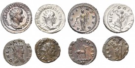 lot de 4 antoniniens: Gordien III, R/ Aequitas; Trajan Dèce, R/ Victoire marchant à g.; Gallien, R/ Biche à d.; Claude II, R/ Felicitas.
Très Beau à ...