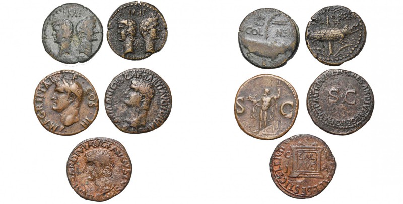 lot de 5 as: Auguste et Agrippa, Nîmes (2), R/ COL- NEM; Agrippa, R/ Poséidon; G...