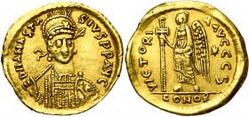 Anastase Ier (491-518), AV solidus, 492-507, Constantinople. Off. S. D/ B. casqué et cuir. de trois quarts de f., ten. une lance et un bouclier. R/ VI...