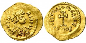 Tibère II Constantin (578-582), AV tremissis, Thessalonique. D/ CN TIb-RI PP AV B. diad., dr. et cuir. à d. R/ VICTOR TIbRI A/ CONOB Croix potencée...