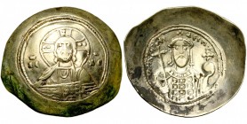 Nicéphore III Botaniates (1078-1081), El. histamenon d''électrum, Constantinople. D/ B. du Christ de f., bénissant et ten. les Evangiles, entre IX- XC...