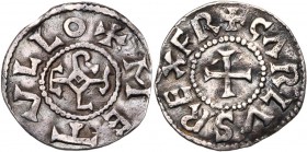CAROLINGIENS, Charlemagne (786-814) ou Charles le Chauve (840-877), AR denier, 793/794-812, Melle. D/ + CARLVS REX FR Croix. R/ + METVLLO Monogramme c...