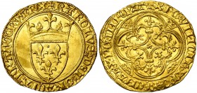 FRANCE, Royaume, Charles VI (1380-1422), AV écu d''or à la couronne, 3e émission (septembre 1389), point 14e, Troyes. D/ Ecu de France couronné. R/ Cr...
